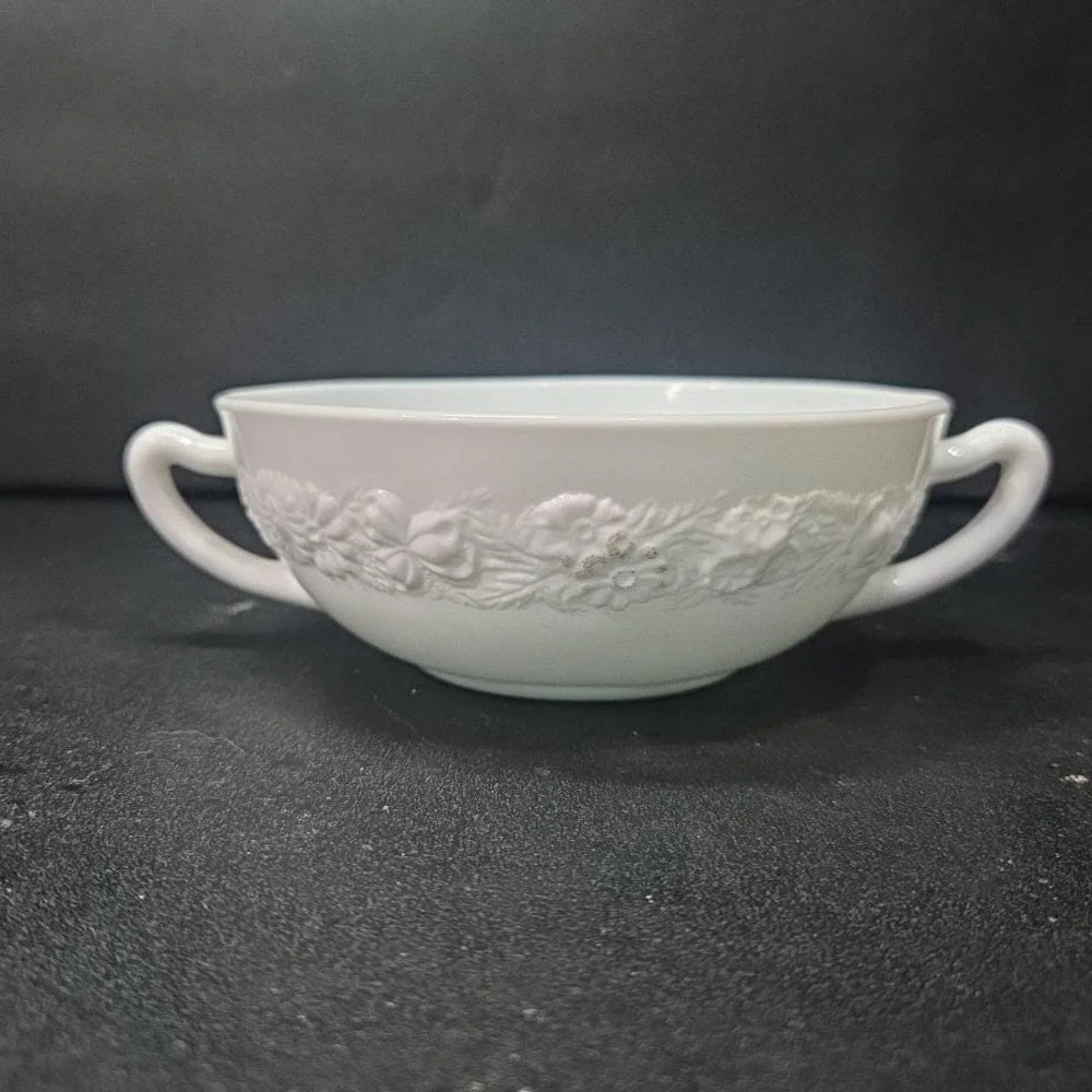 Anchor Hocking Milk Glass Soup Bowl, Dual Handled Floral Dish, Vtg Kitchenware